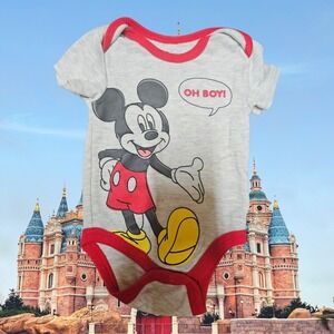 Disney Mickey Mouse Bodysuit Oh Boy Gray Red Baby Infant Romper Onesie‎